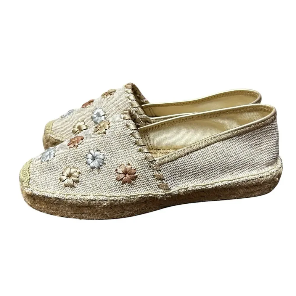 Jack Rogers Tan Canvas Gold Multi Leather Rondelles Palmer Espadrille Womens 8